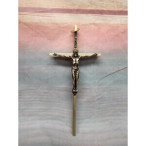 Vintage INRI Religious Wall Hanging Cross Crucifix Brass Metal 5.75"